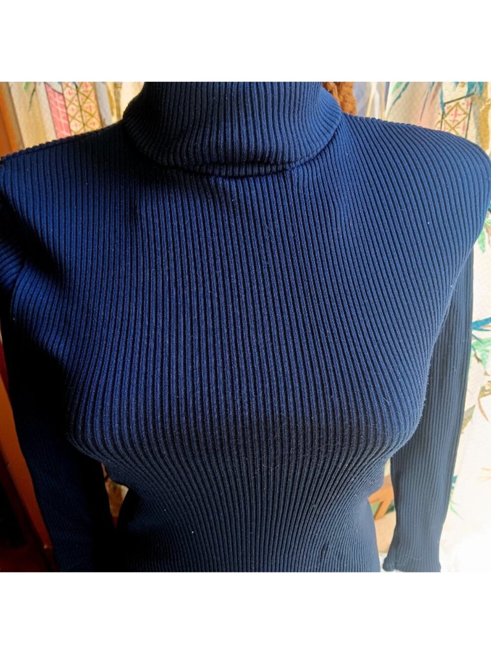 Small Vintage Ribbed Turtleneck Sweater 1970's Navy Blue Back Zipper Boho Disco